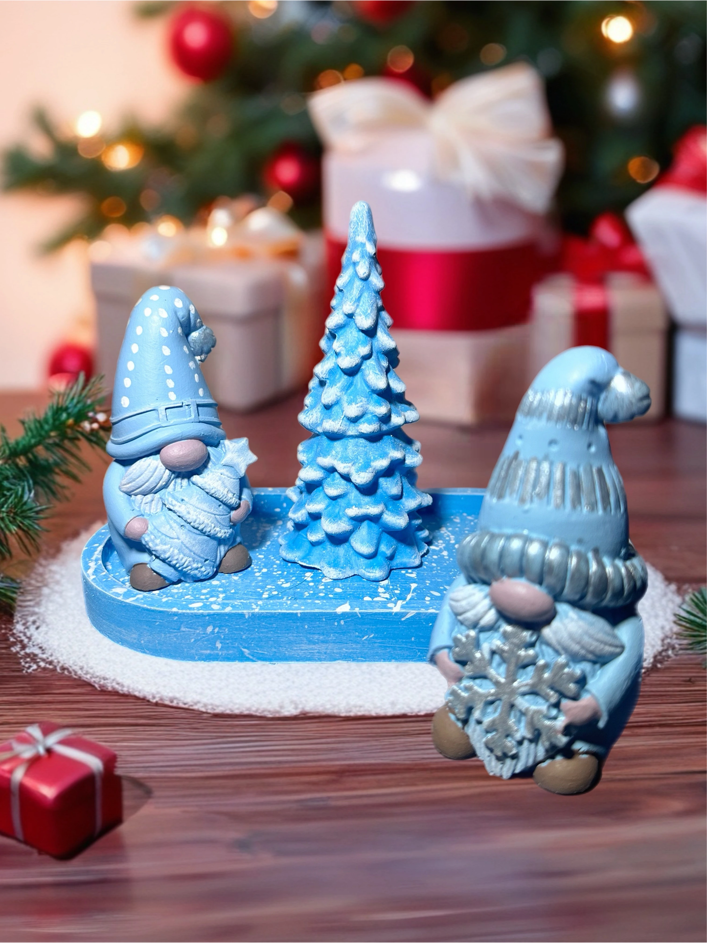 El Yapımı Yılbaşı Cüce Seti – Mavi Tonlar | Dekoratif Noel Masa Süsü