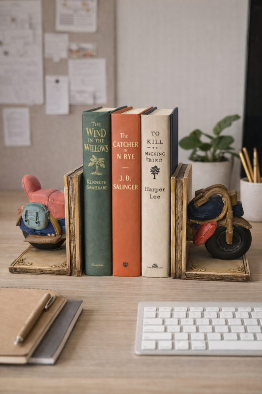 Vintage Motosiklet Kitap Tutucu Seti – Polyester Dekoratif Bookend