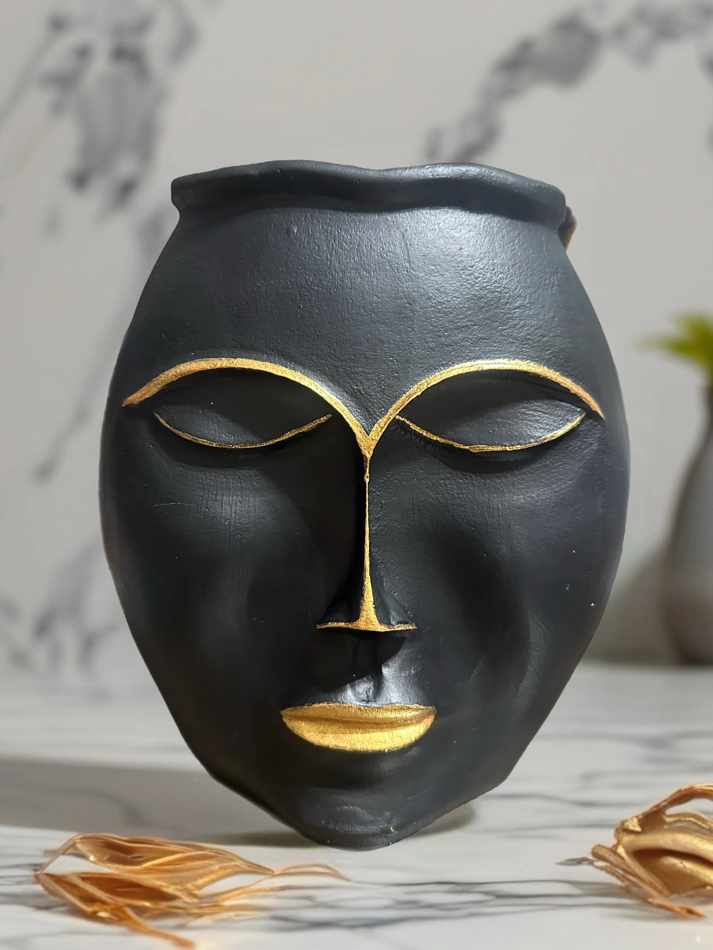 İkili Ruh Siyah & Altın Yüz Figürlü Vazo - Önden görünüm