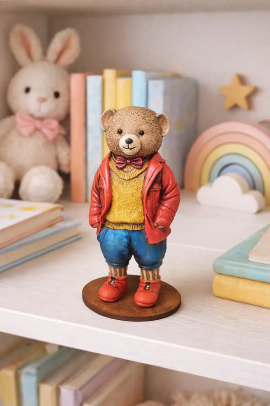 Ahşap Kaideli Vintage Giyimli Ayıcık Biblo – Kırmızı Ceketli Model