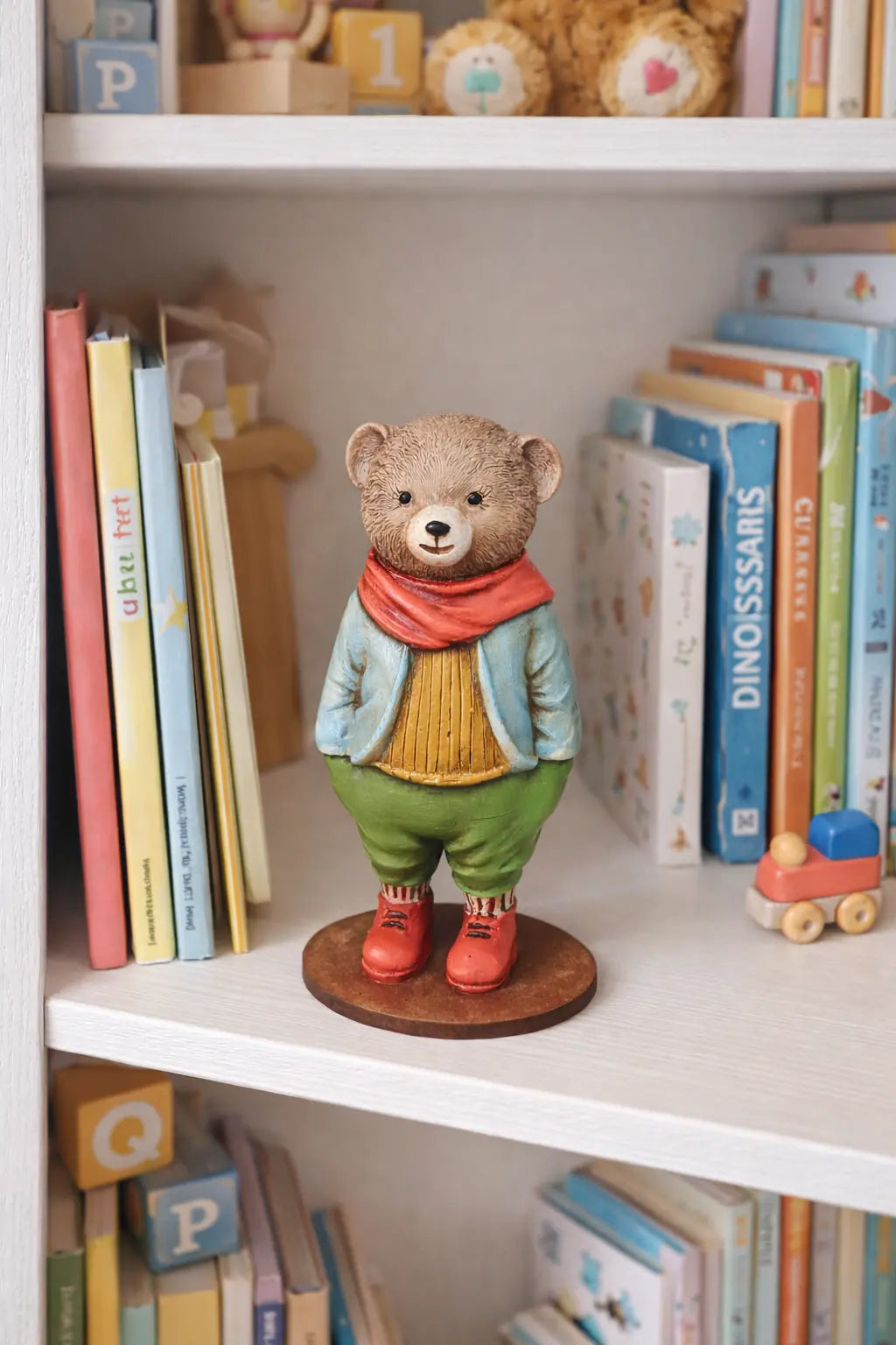 Ahşap Kaideli Vintage Giyimli Ayıcık Biblo – Soft Tonlu Model