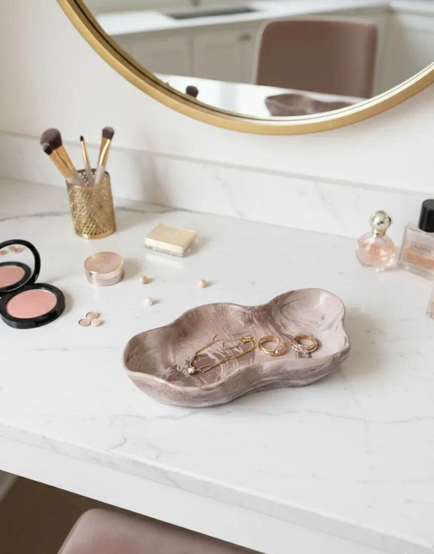 Pembe Mermer Efektli Organik Beton Dekoratif Tepsi