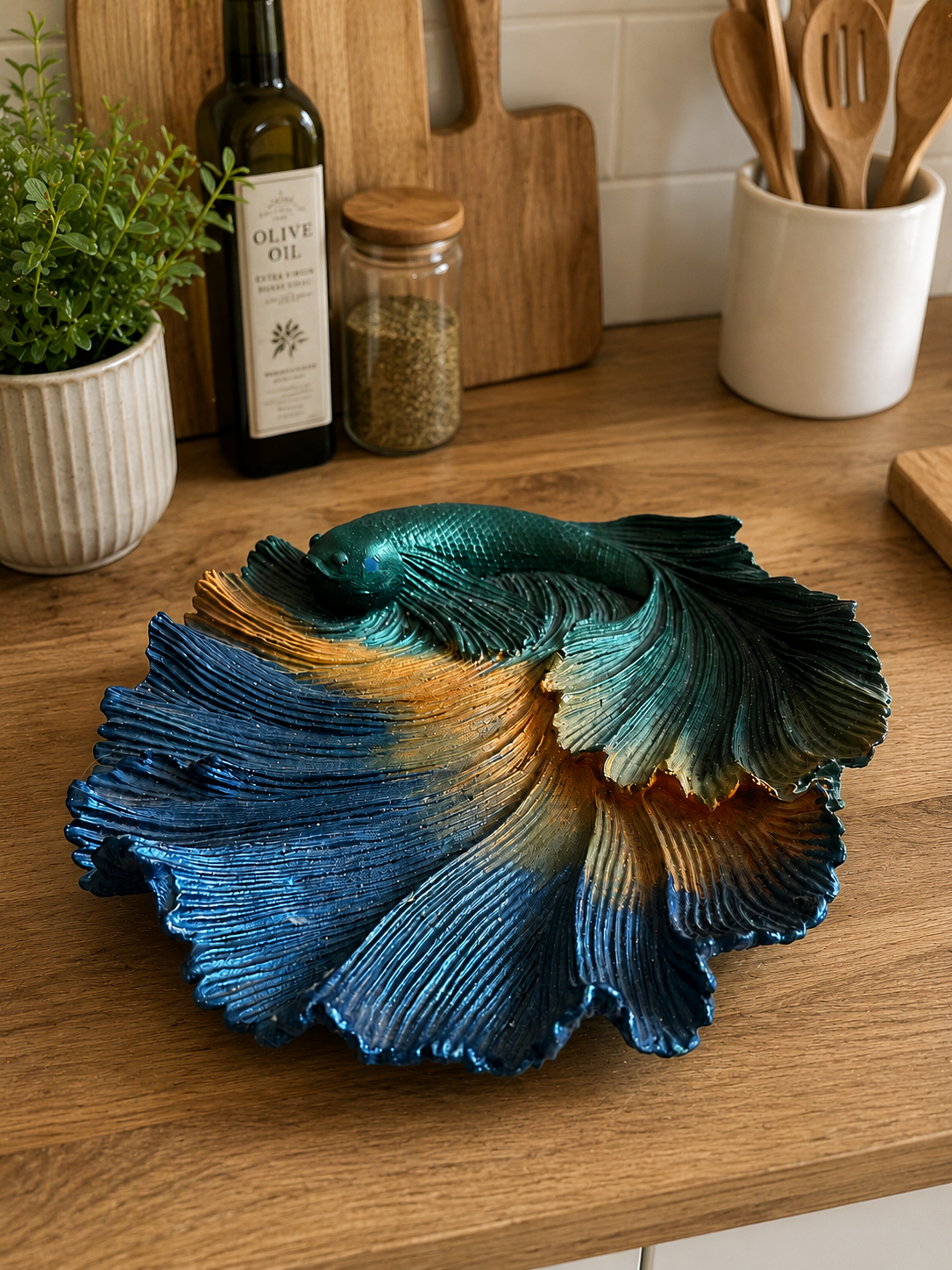 Betta Balığı Dekoratif Tepsi El Yapımı Polyester Masa Dekoru