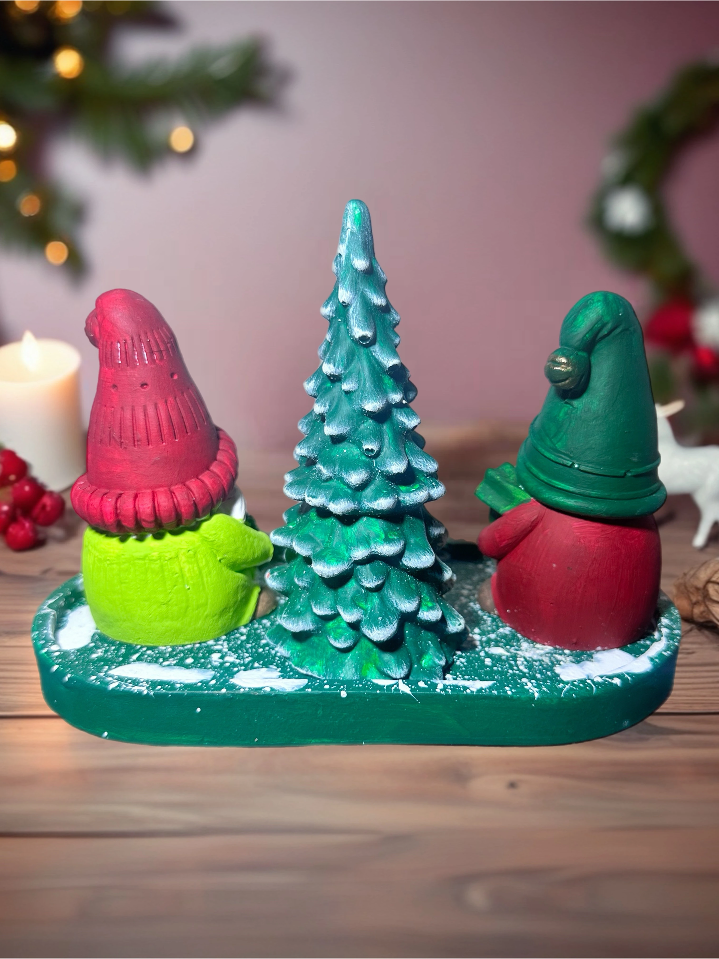 El Yapımı Yılbaşı Cüce Seti – Yeşil Tonlar | Dekoratif Noel Masa Süsü