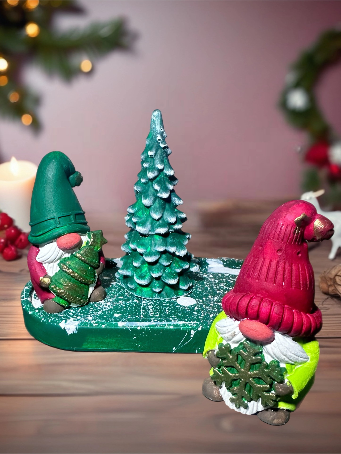 El Yapımı Yılbaşı Cüce Seti – Yeşil Tonlar | Dekoratif Noel Masa Süsü