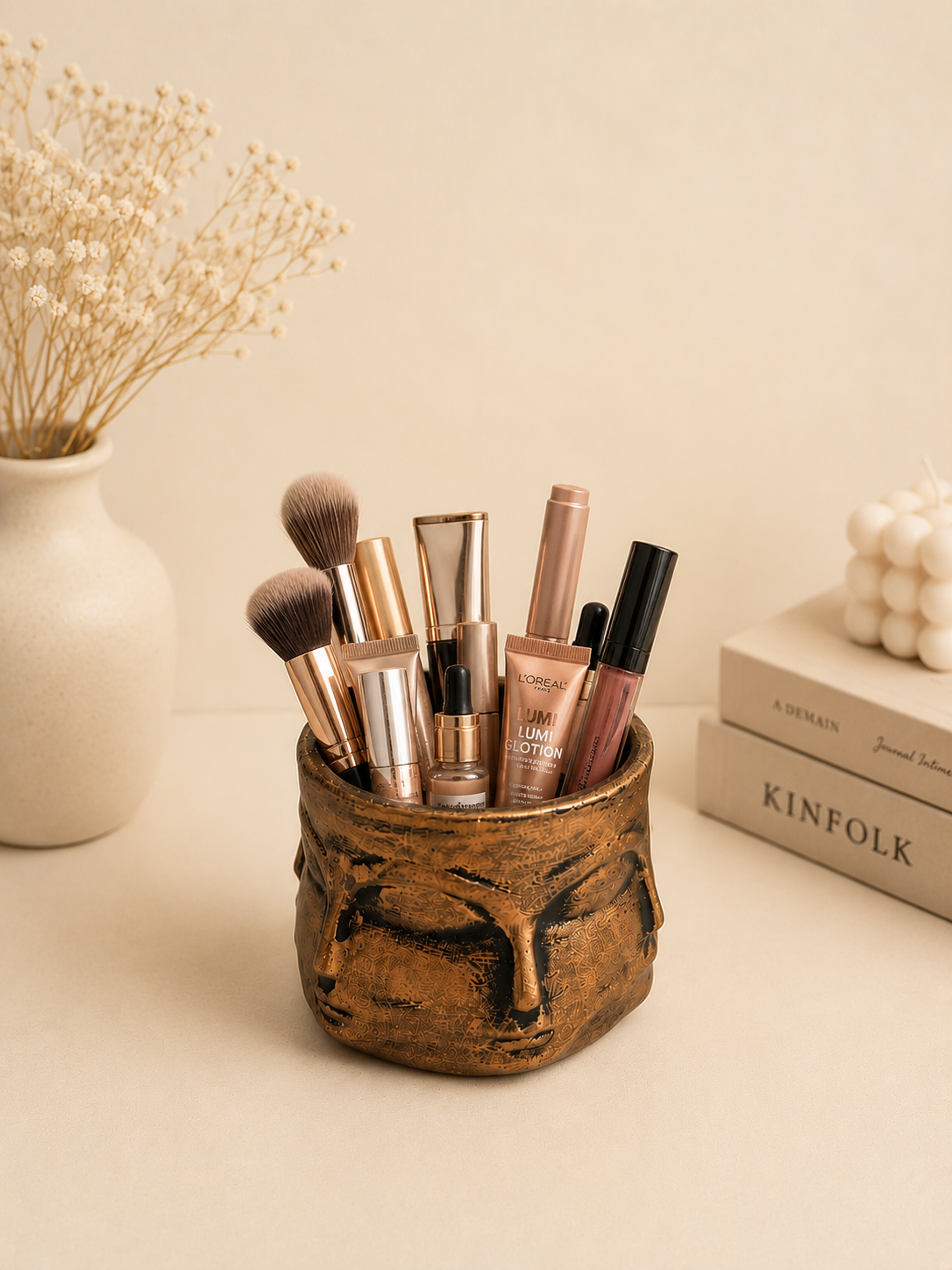 Gold Detaylı Makyaj Fırçalık | El Yapımı Eskitme Vanity Organizer
