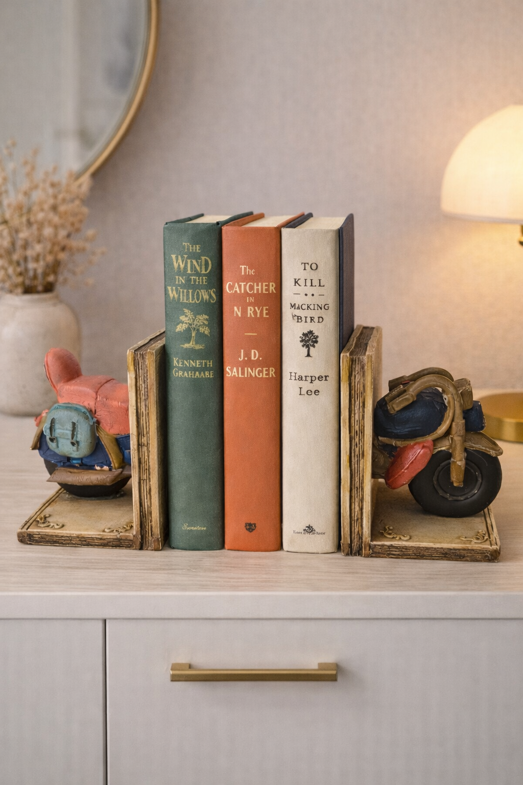 Vintage Motosiklet Kitap Tutucu Seti – Polyester Dekoratif Bookend